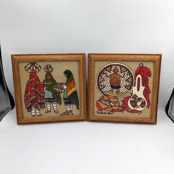 Cleo Teissedre Ceramic Art Tile PAIR Southwestern Pottery Navajo 9" Santa Fe - Picture 1 of 8